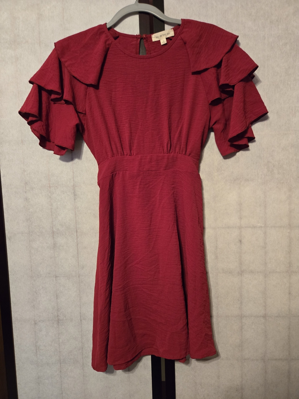 Ruffled Sleeve Mini Dress in Deep Red